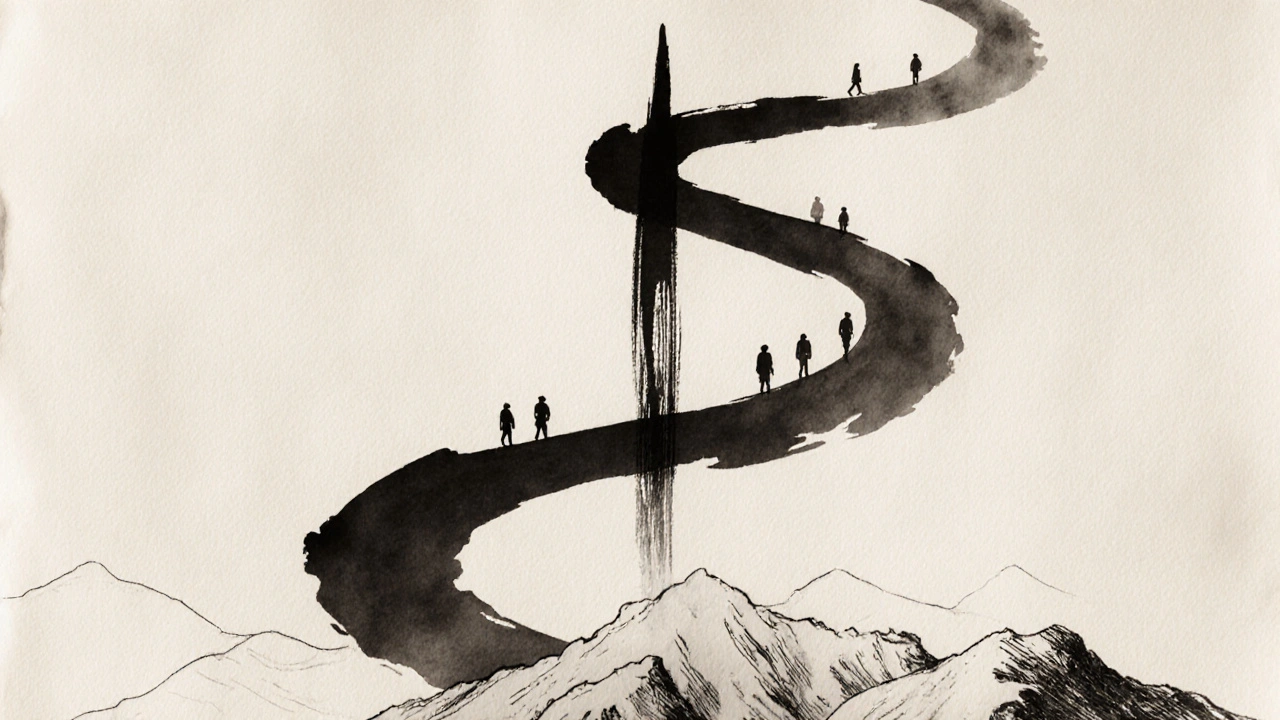 Pintura al tinta china con una pincelada que se convierte en un camino montañoso.