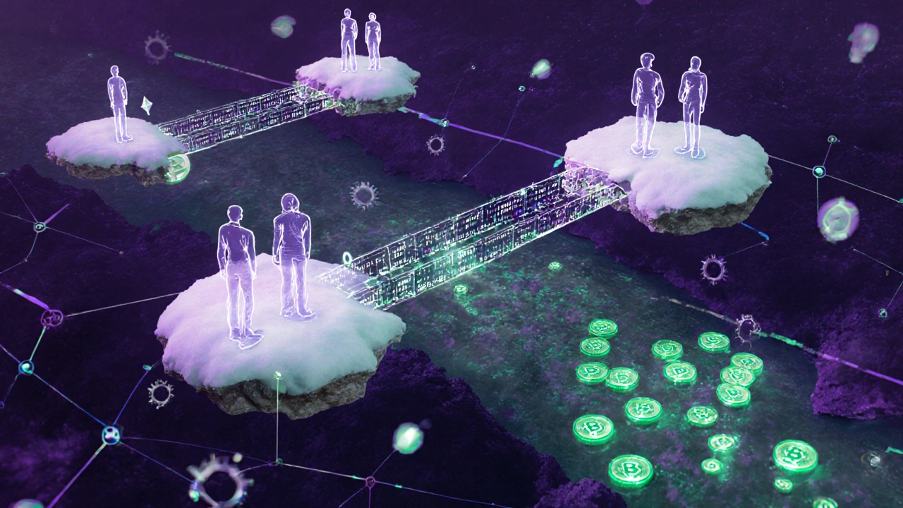 Redes blockchain conectadas por puentes de código con piscinas de liquidez fusionadas.