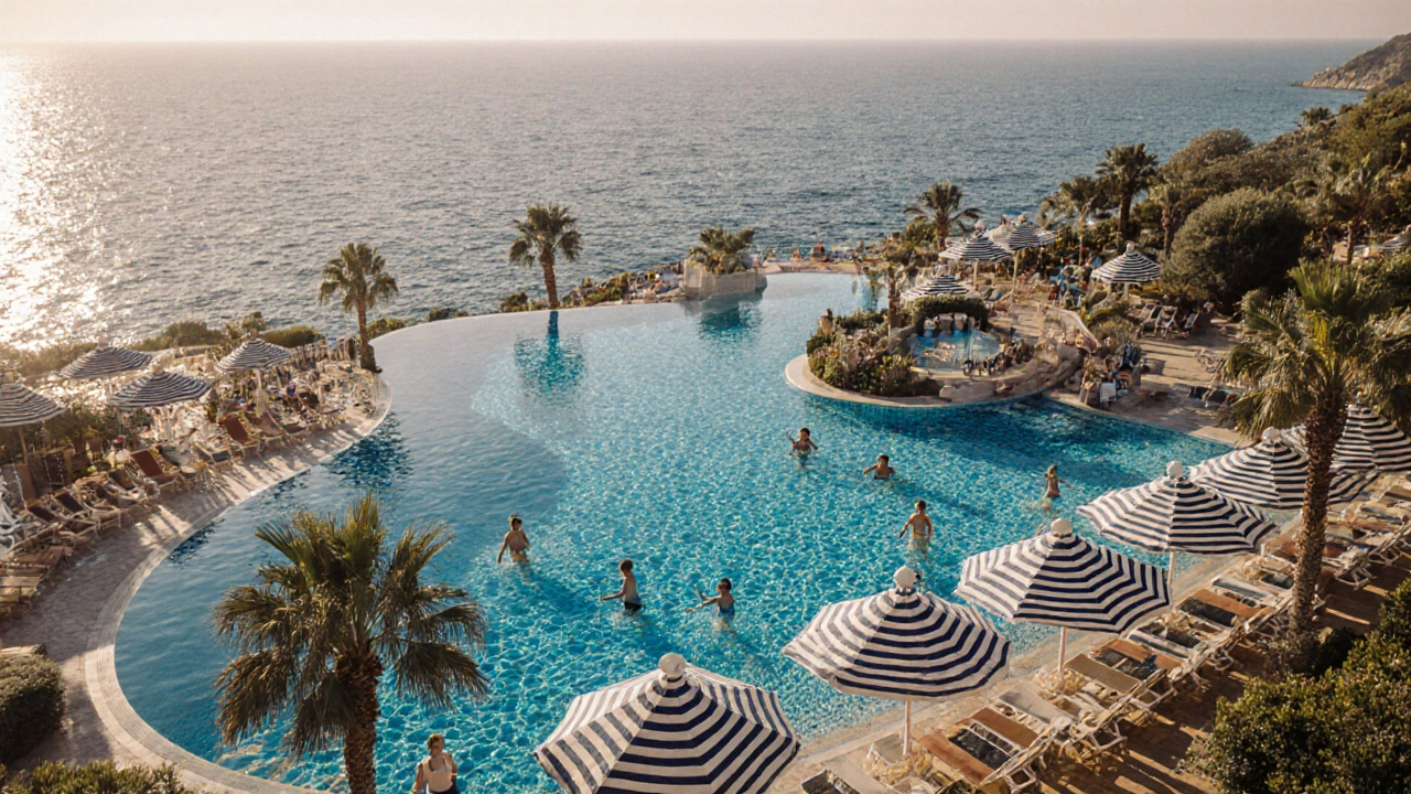 Resort de lujo en Mallorca con piscinas infinitas y familias relajándose junto al mar.