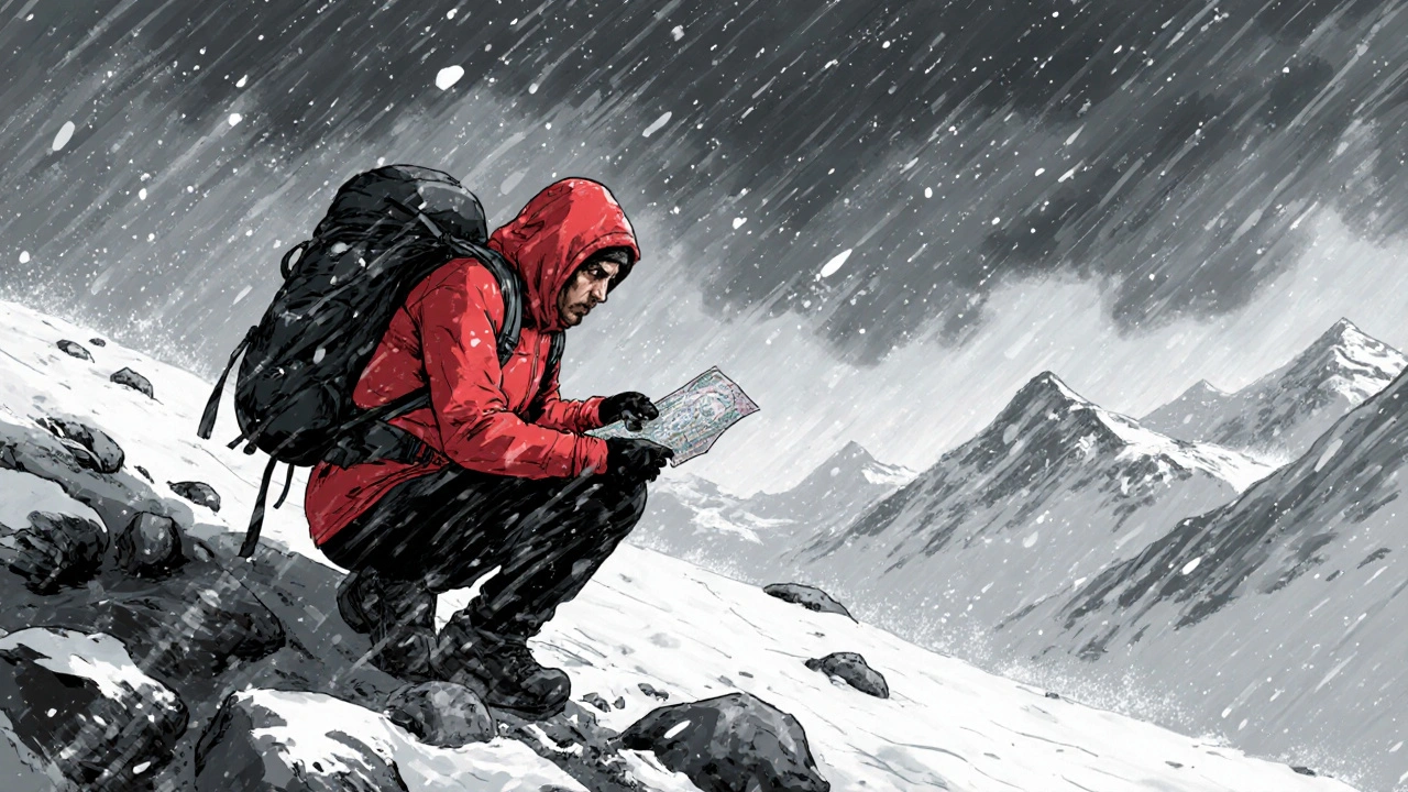 Senderista refugiado tras una roca durante una tormenta de nieve repentina en el Port de la Bonaigua.