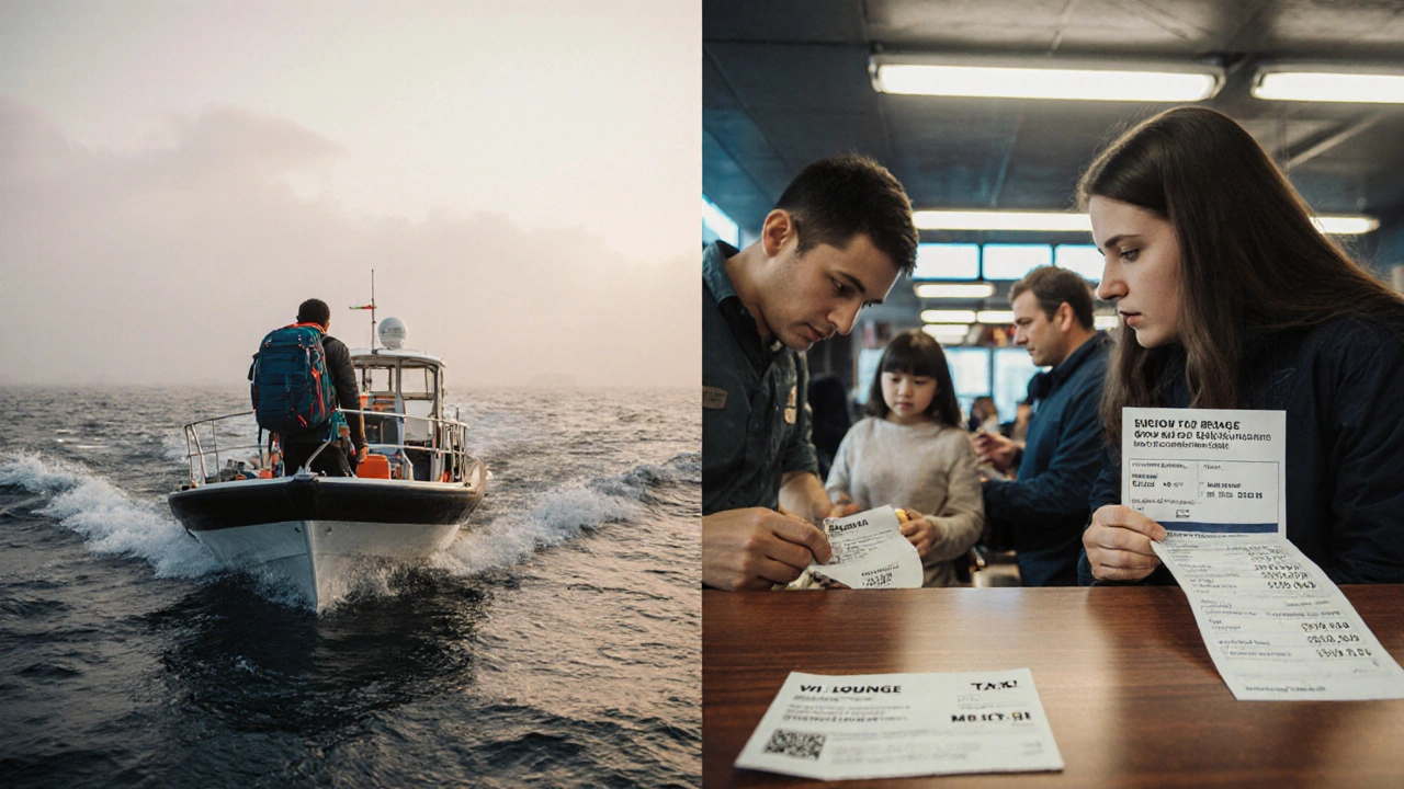Split image: budget speedboat boarding and family paying extra ferry fees.