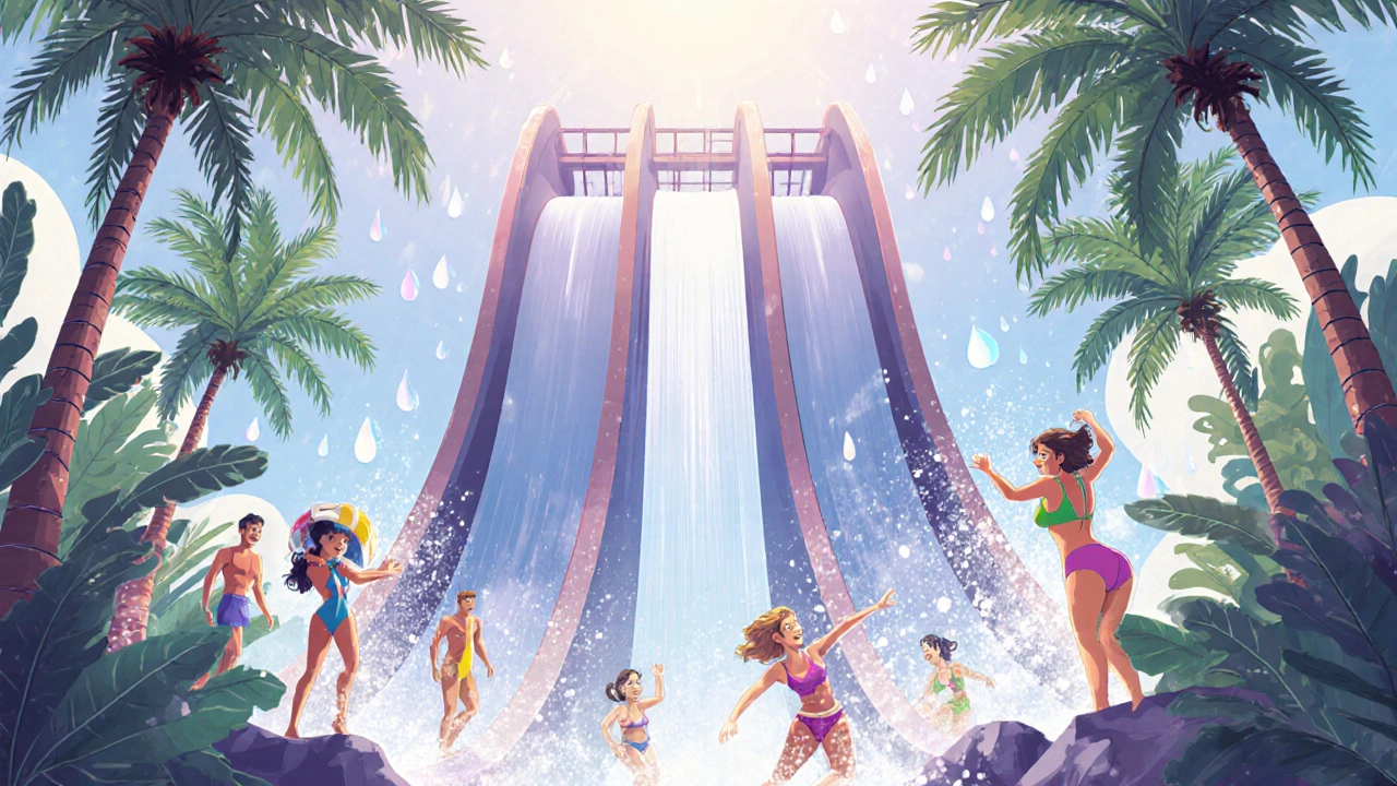 Torre de caída libre El Torbellino en el parque acuático Caribe con visitantes saltando y palmeras alrededor.