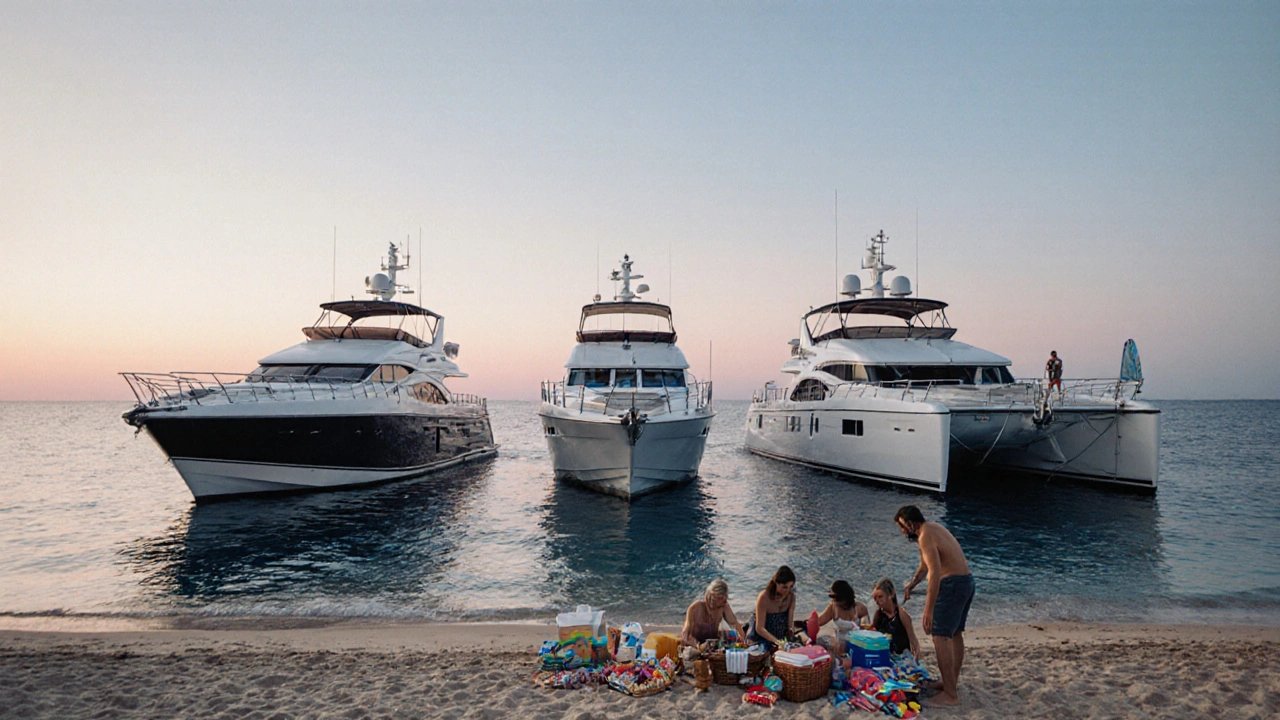 Tres tipos de yates anclados juntos en Cala Comte, mostrando diferencias de tamaño y lujo en septiembre.