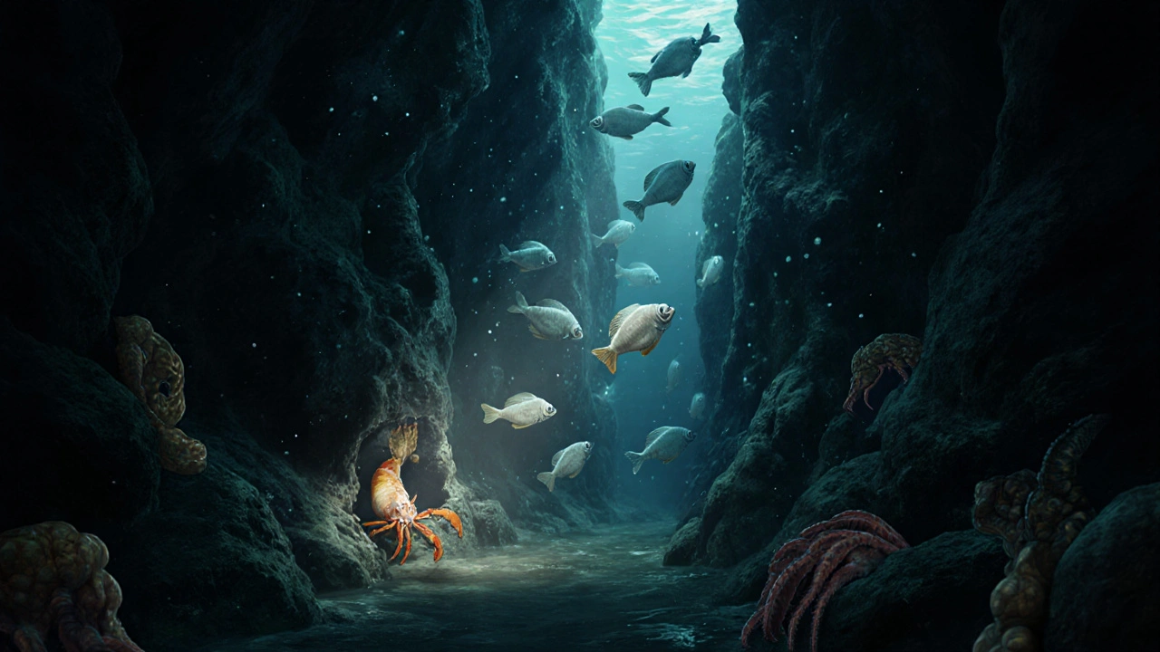 Túnel submarino iluminado por una linterna, con peces luna y langosta en la roca oscura.