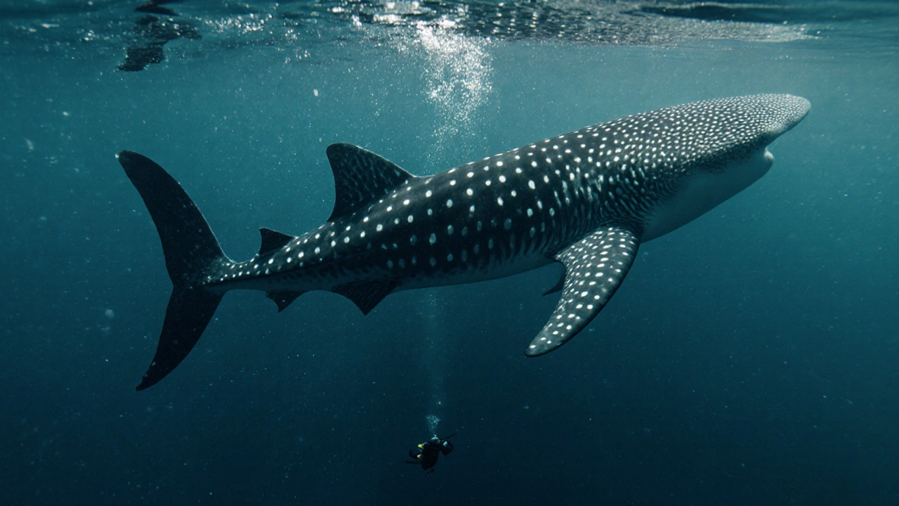 Un buceador nadando junto a un tiburón ballena en aguas azules de La Paz, México.