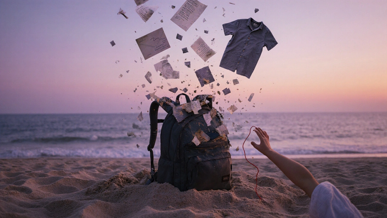 Una mochila se desvanece en la arena de una playa siciliana, mientras pedazos de miedo y cartas flotan hacia el cielo al atardecer.