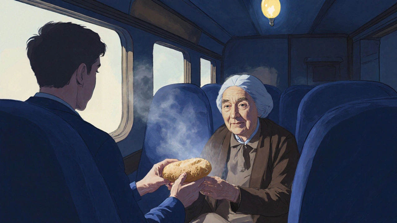 Una mujer mayor ofrece pan a un viajero en un tren nocturno entre Budapest y Praga, sin palabras, solo una sonrisa compartida.