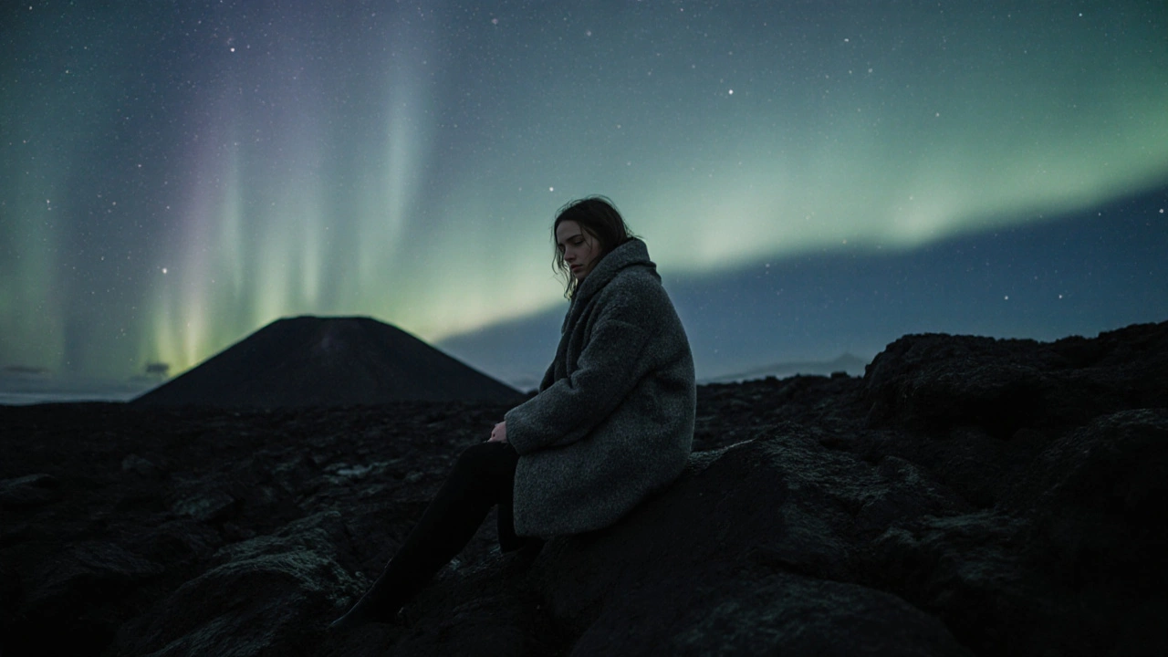 Una mujer sola llora en silencio sobre rocas volcánicas en Islandia bajo la luz de las auroras.