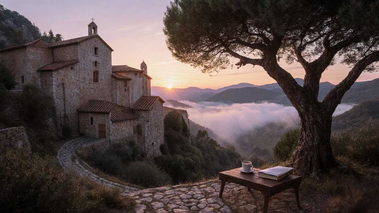 Valldemossa al atardecer, casas de piedra y monasterio entre olivos, silencio y luz suave.