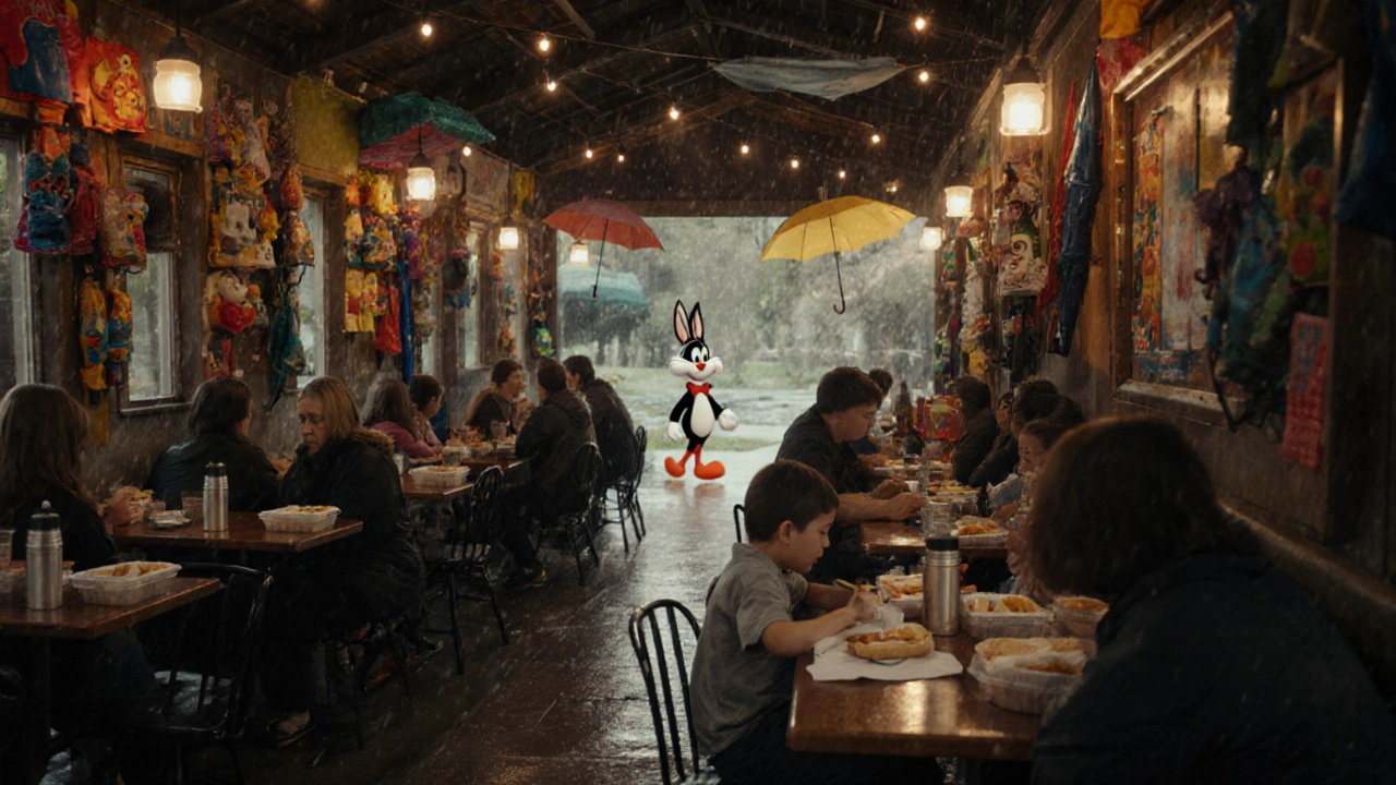 Visitantes comiendo comida propia en un área cubierta del parque durante una lluvia ligera.