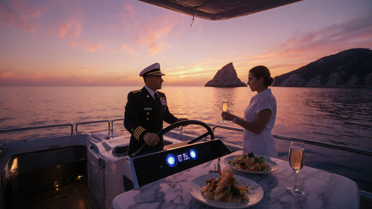 Yate de lujo al atardecer con tripulación sirviendo champán y comida gourmet en la cubierta.
