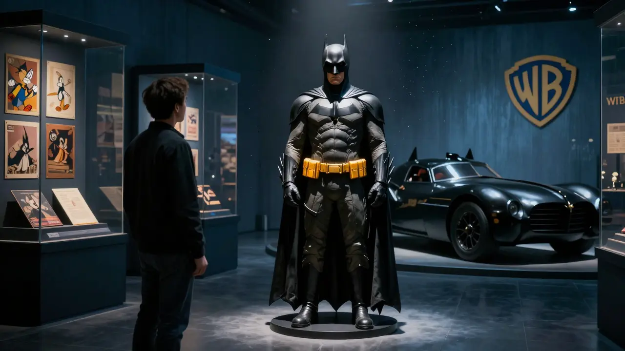 Adulto solo admirando el traje original de Batman de Christopher Nolan en una exposición iluminada con luces tenues.