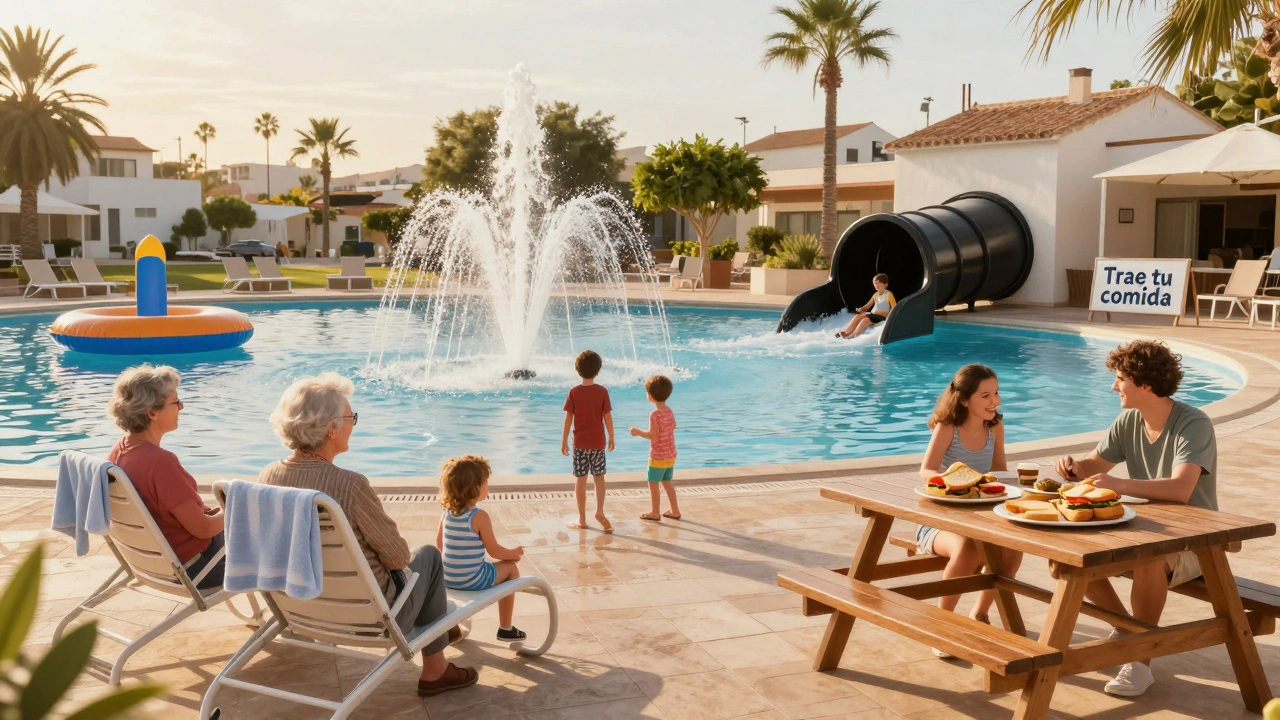 Aquópolis en Torrevieja con familias disfrutando de fuentes interactivas y picnic bajo sombra.