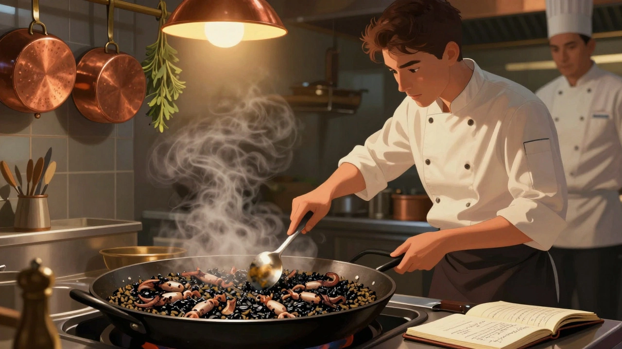 Ayudante de cocina cocinando arroz negro bajo la supervisión de un chef.