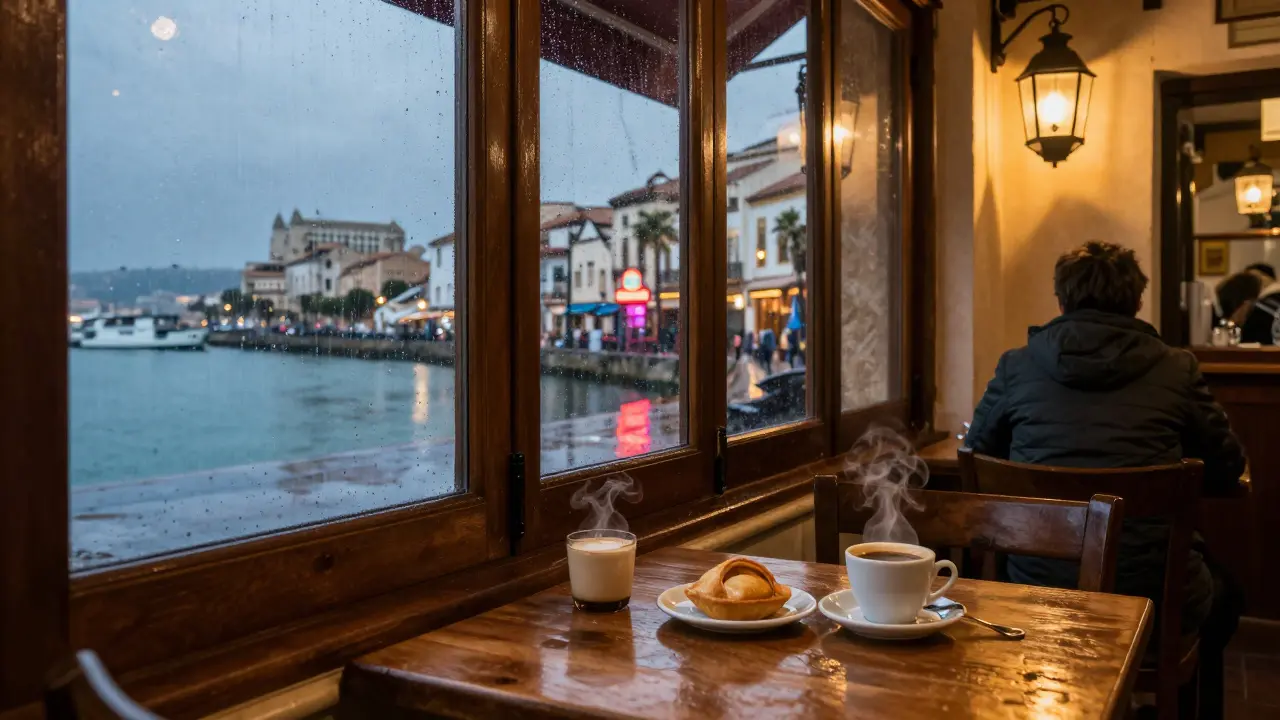 Café acogedor en Palma con lluvia en la ventana y una ensaimada sobre la mesa.