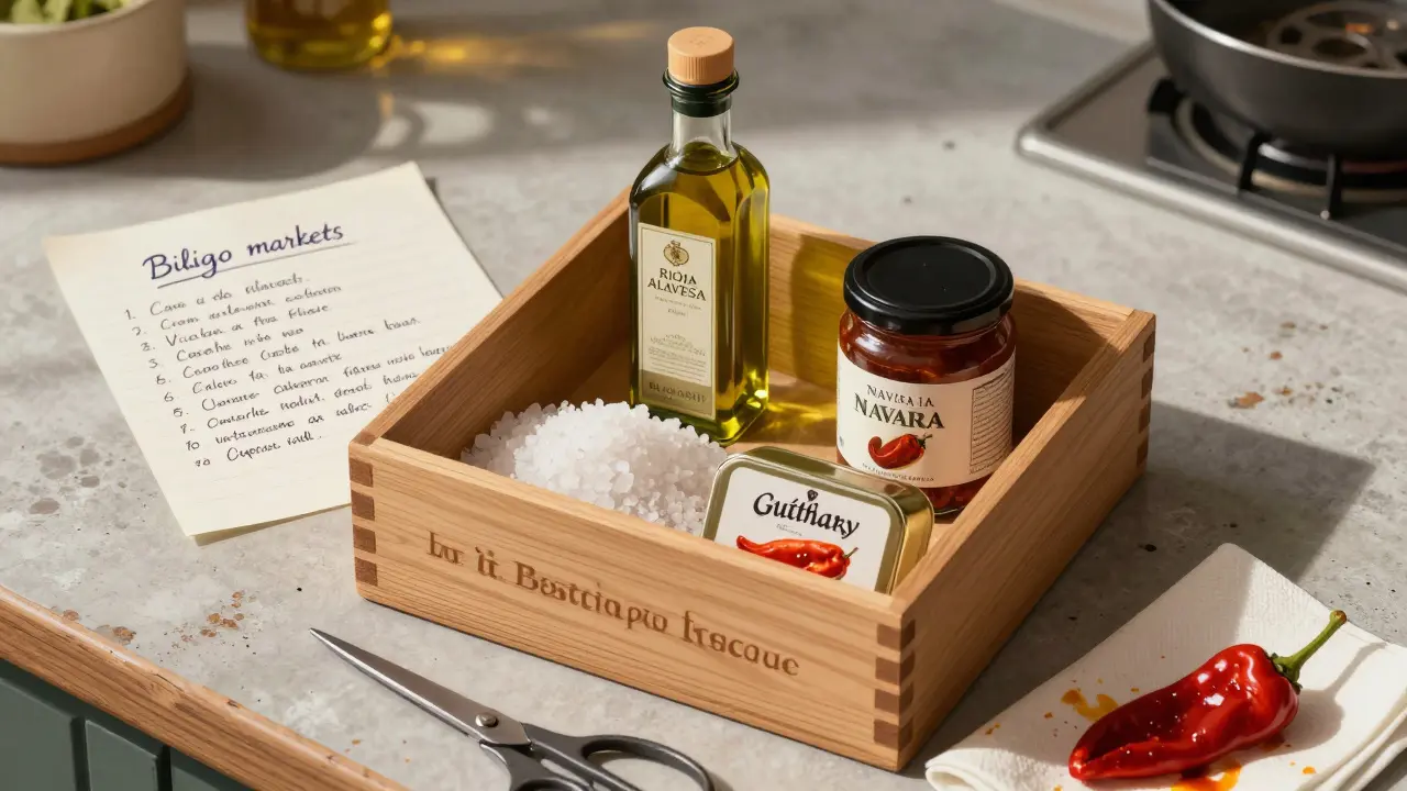 Caja con ingredientes auténticos vascos: sal, aceite, vinagre y pimentón, sobre una mesa de cocina.