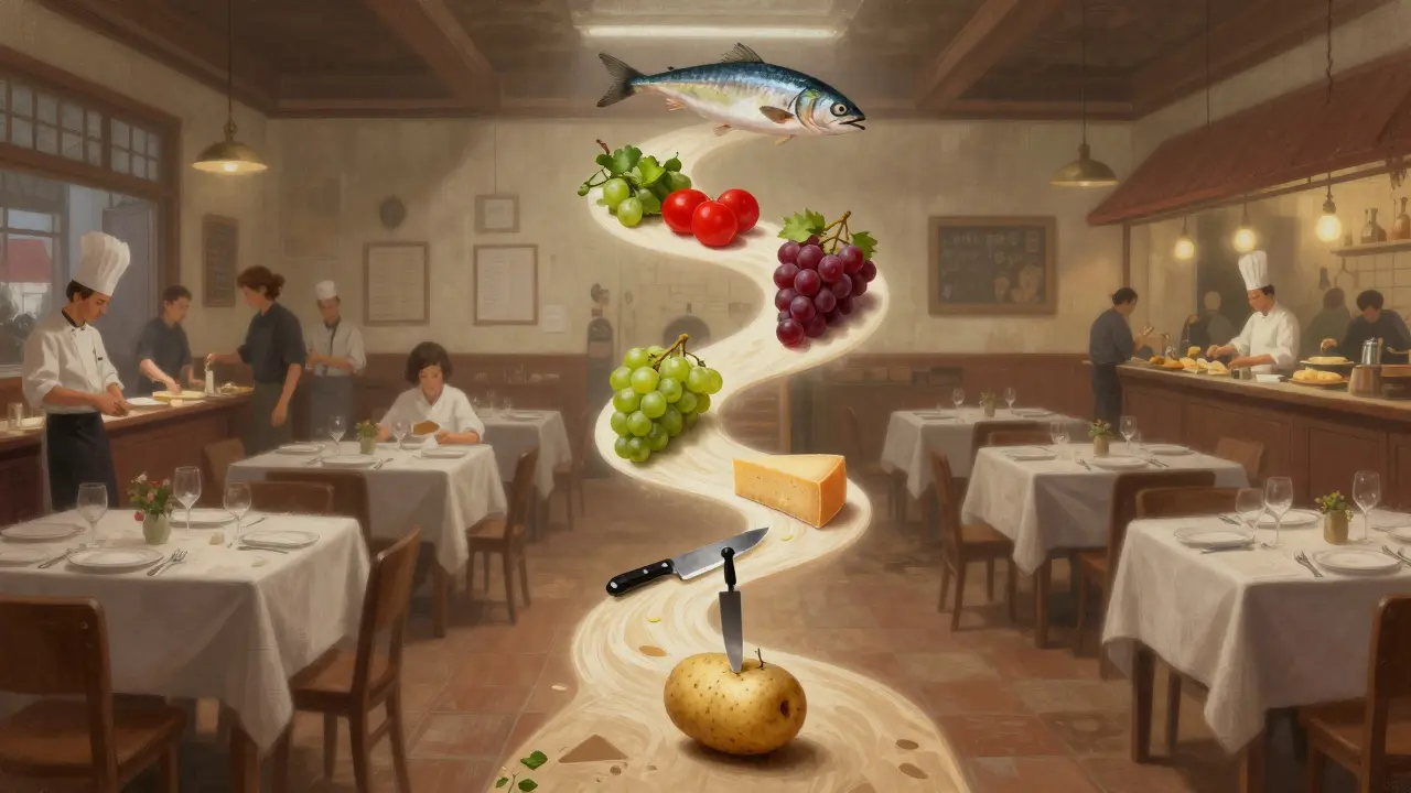 Camino simbólico del aprendizaje culinario desde lo básico hasta la alta cocina española.