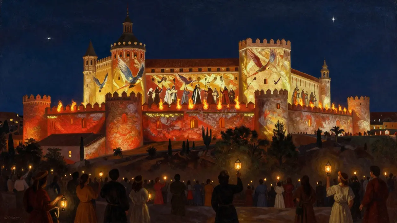 Castillo de Alcázar iluminado por proyecciones nocturnas de batallas medievales.