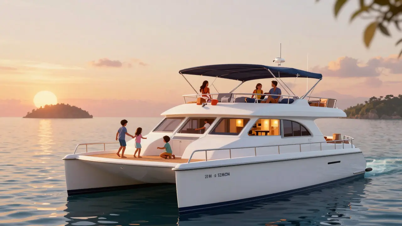 Catamarán familiar anclado al atardecer con niños jugando en la cubierta y padres relajados.