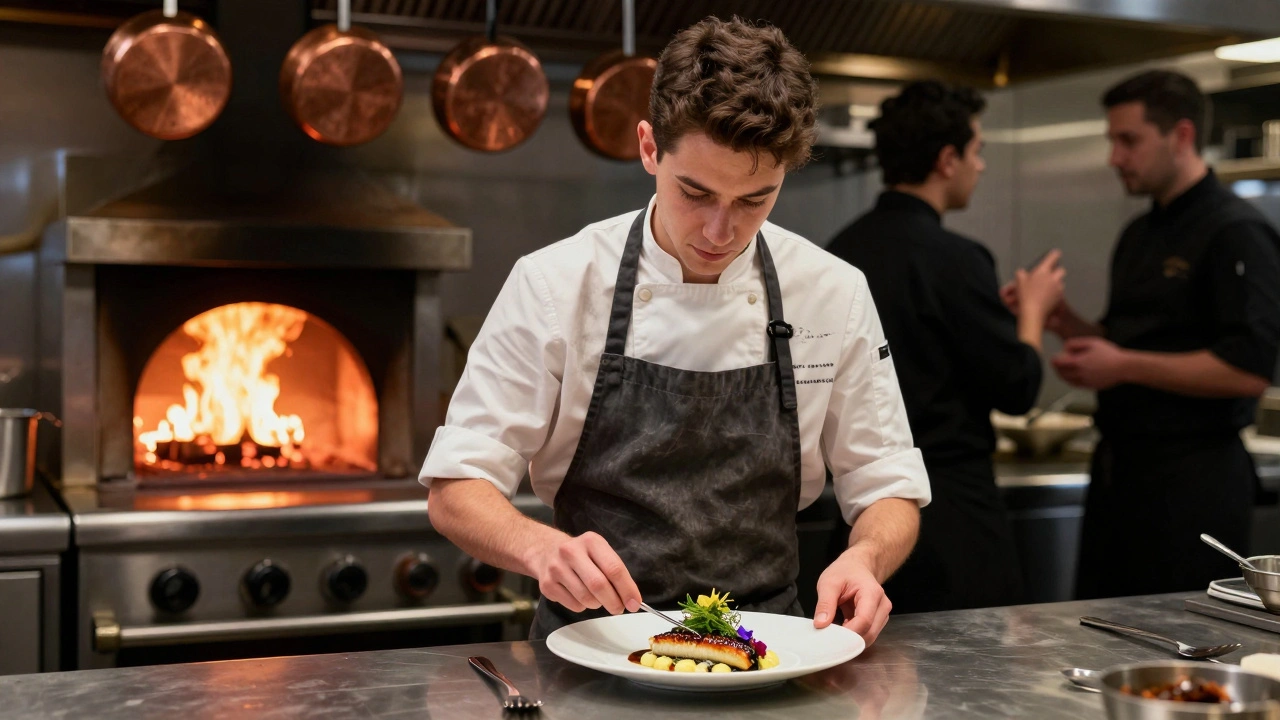 Chef en una cocina profesional preparando un plato de alta cocina con luz de parrilla de leña.