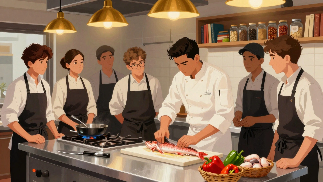 Chef enseñando a filetear txangurro fresco en una cocina profesional con utensilios de acero.