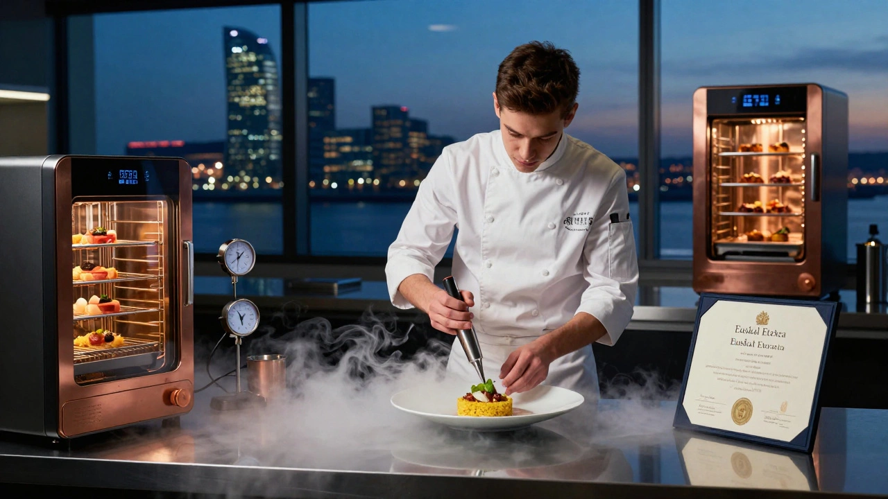 Chef profesional preparando una tortilla con nitrógeno líquido en una cocina de vanguardia.