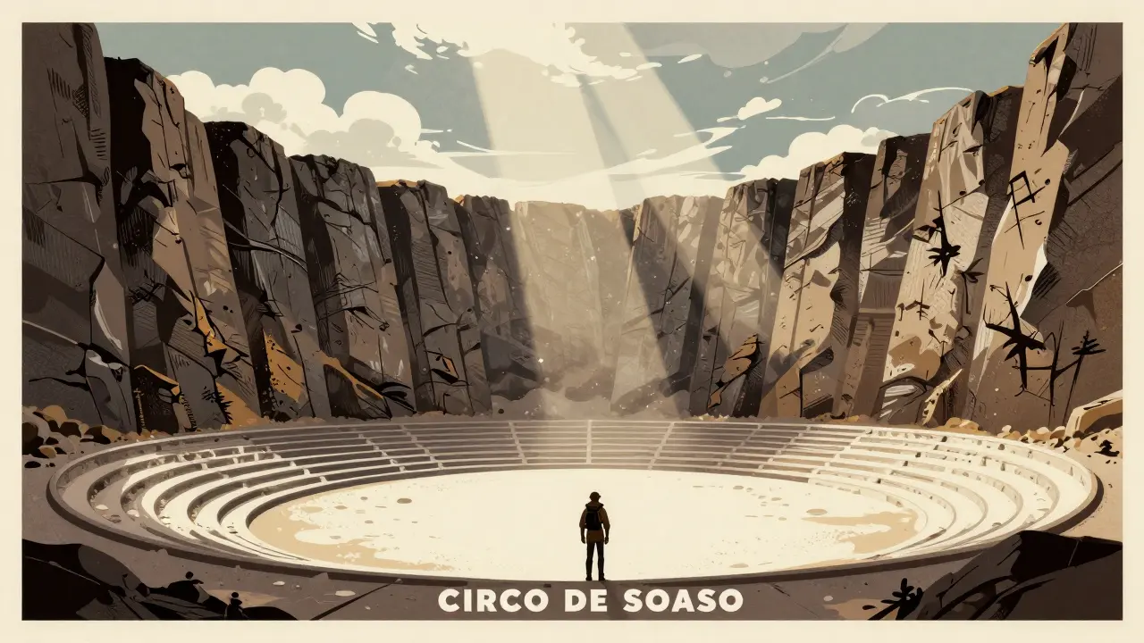 Circo de Soaso con paredes rocosas verticales y una figura pequeña bajo Monte Perdido.