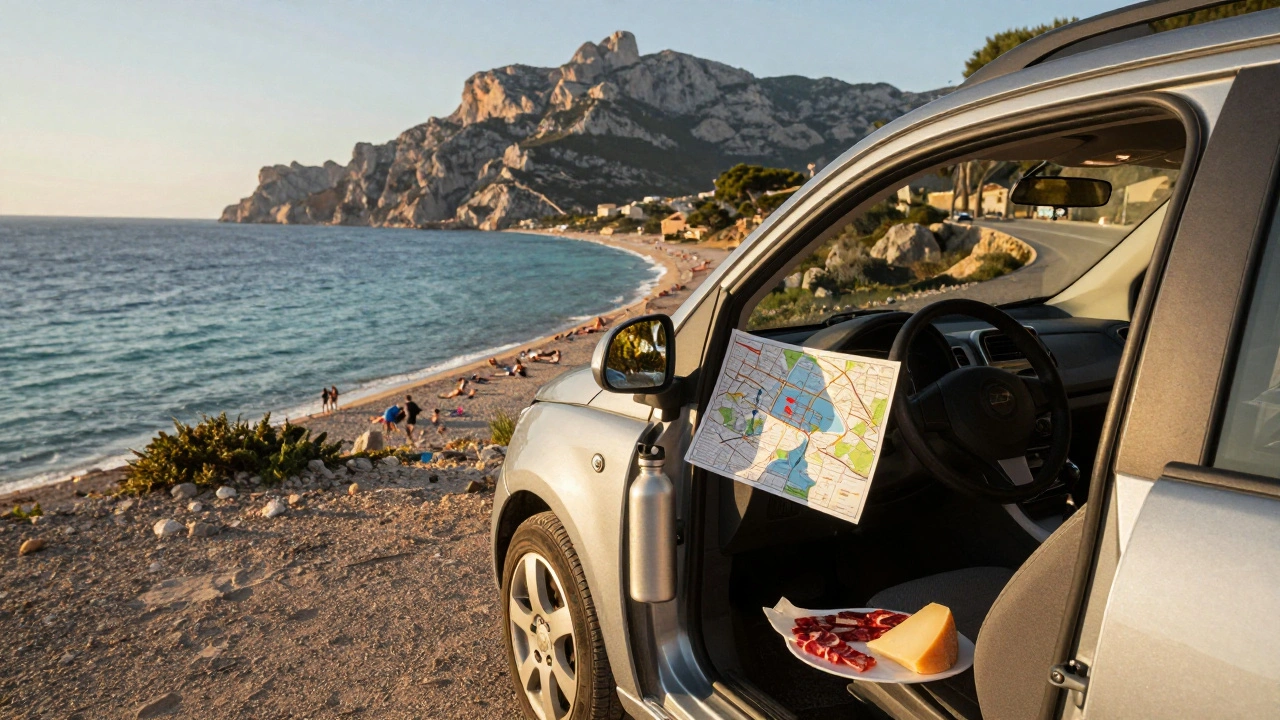 Coche alquilado en un acantilado de Mallorca con vistas a la sierra de Tramuntana.