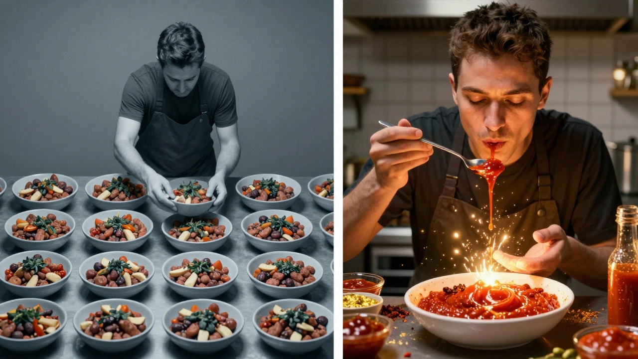 Contraste conceptual entre trabajo repetitivo y aprendizaje activo en cocina.