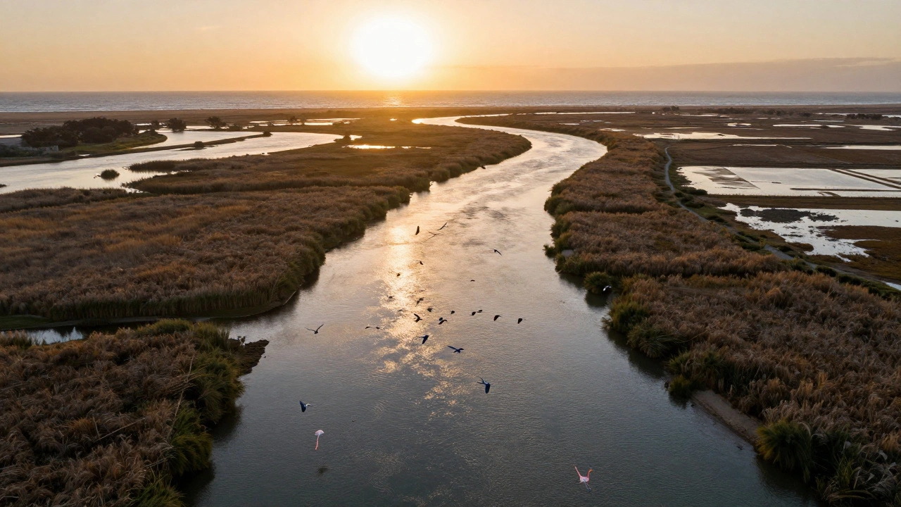Delta del río Ebro al atardecer, con humedales, aves y canales de agua reflejando el cielo.