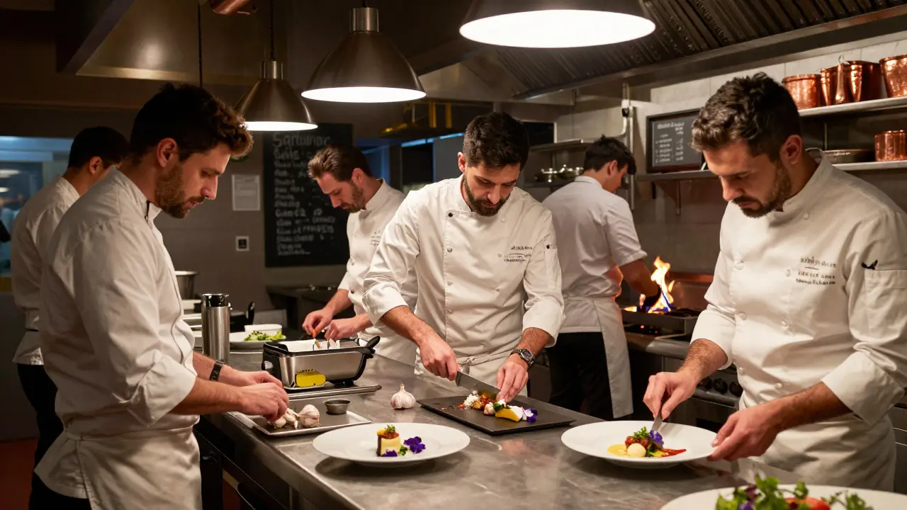 Equipo de chefs en acción preparando platos en una cocina de servicio nocturno.
