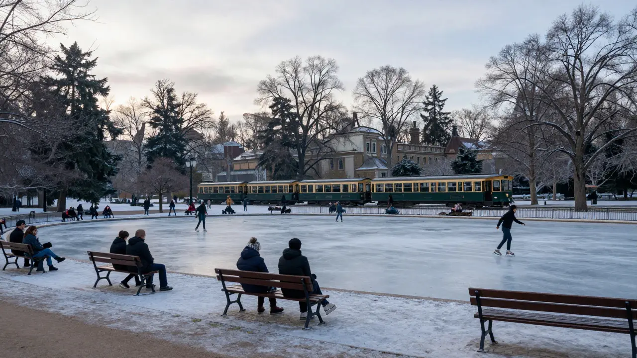 Escena tranquila en el Parque de la Casa de Campo con una familia picnicando y un tren turístico al fondo en invierno.
