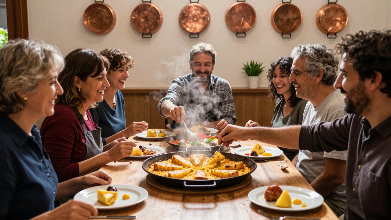 Grupo de personas compartiendo comida casera en un curso de cocina en Bilbao.