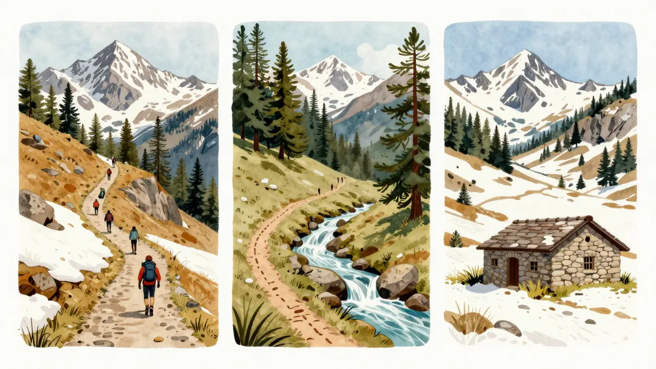 Ilustración de tres rutas de senderismo en primavera en los Pirineos: Camino de los Tres Picos, Valle de Ordesa y Ruta de Bonaigua.