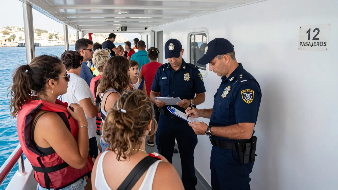 Inspección de la Guardia Civil en un yate sobrecargado en Ibiza, con pasajeros nerviosos y un oficial revisando el certificado de seguridad.
