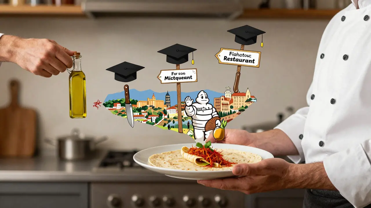 Journey of a chef from home cooking to professional excellence in Spain.