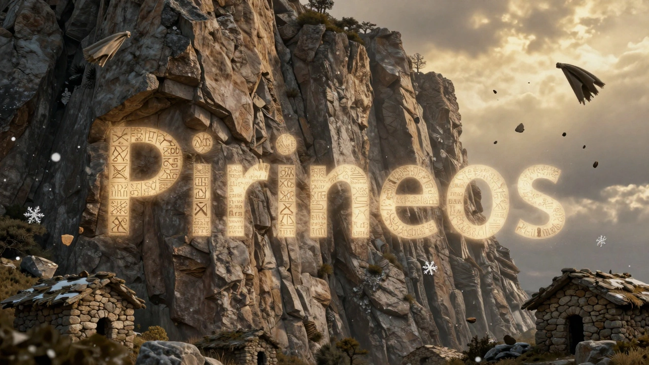 La palabra &#039;Pirineos&#039; grabada en una roca con lenguas antiguas emergiendo de su superficie.