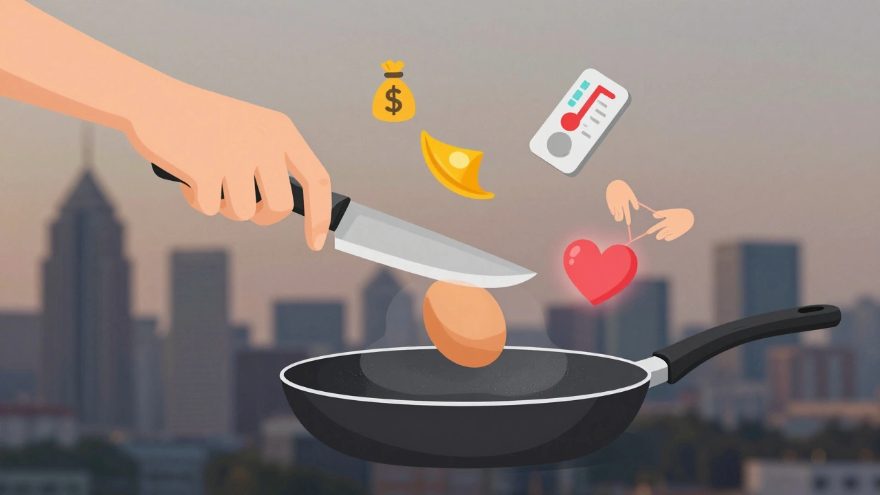 Mano sosteniendo un huevo sobre una sartén, con símbolos de ahorro, paz y conexión.