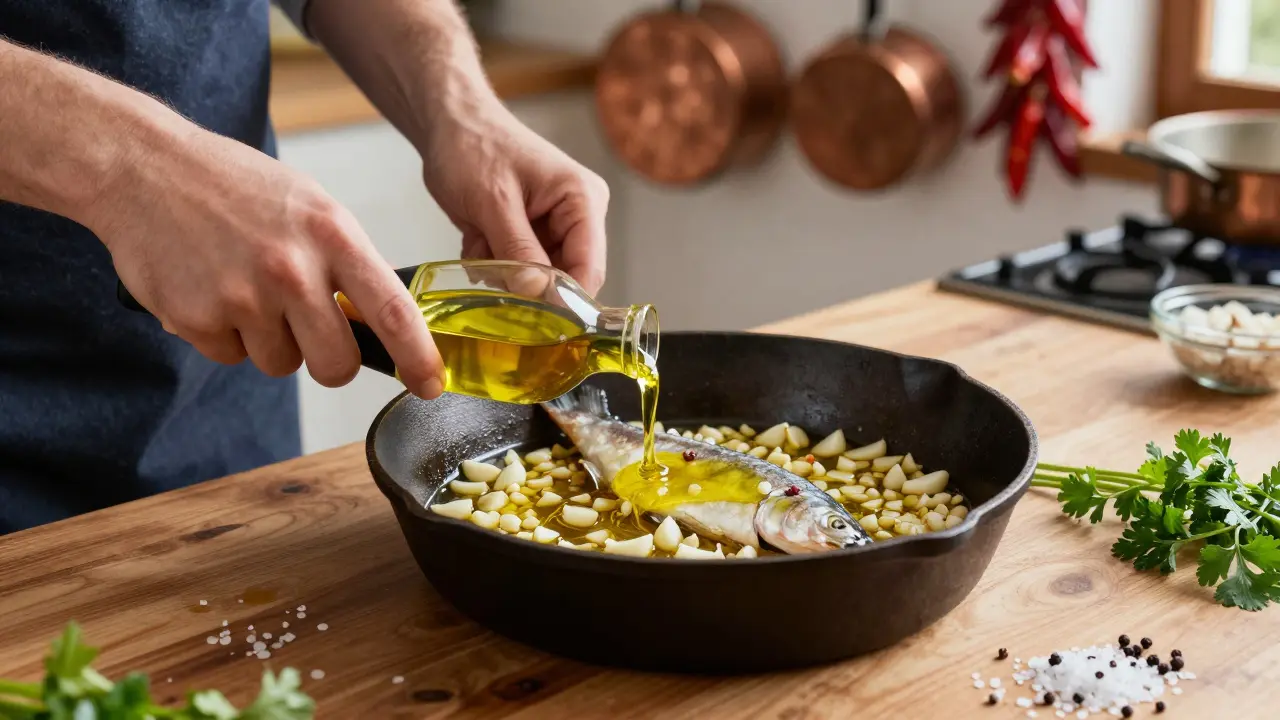 Manos preparando bacalao al pil-pil en una sartén, con aceite y ajo formando una emulsión dorada.