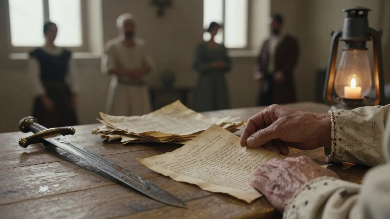 Manos sosteniendo una túnica medieval, espada y carta antigua en una mesa de madera.