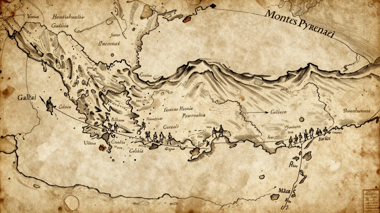 Mapa romano antiguo mostrando los Montes Pyrenaei como frontera entre Hispania y Galia.