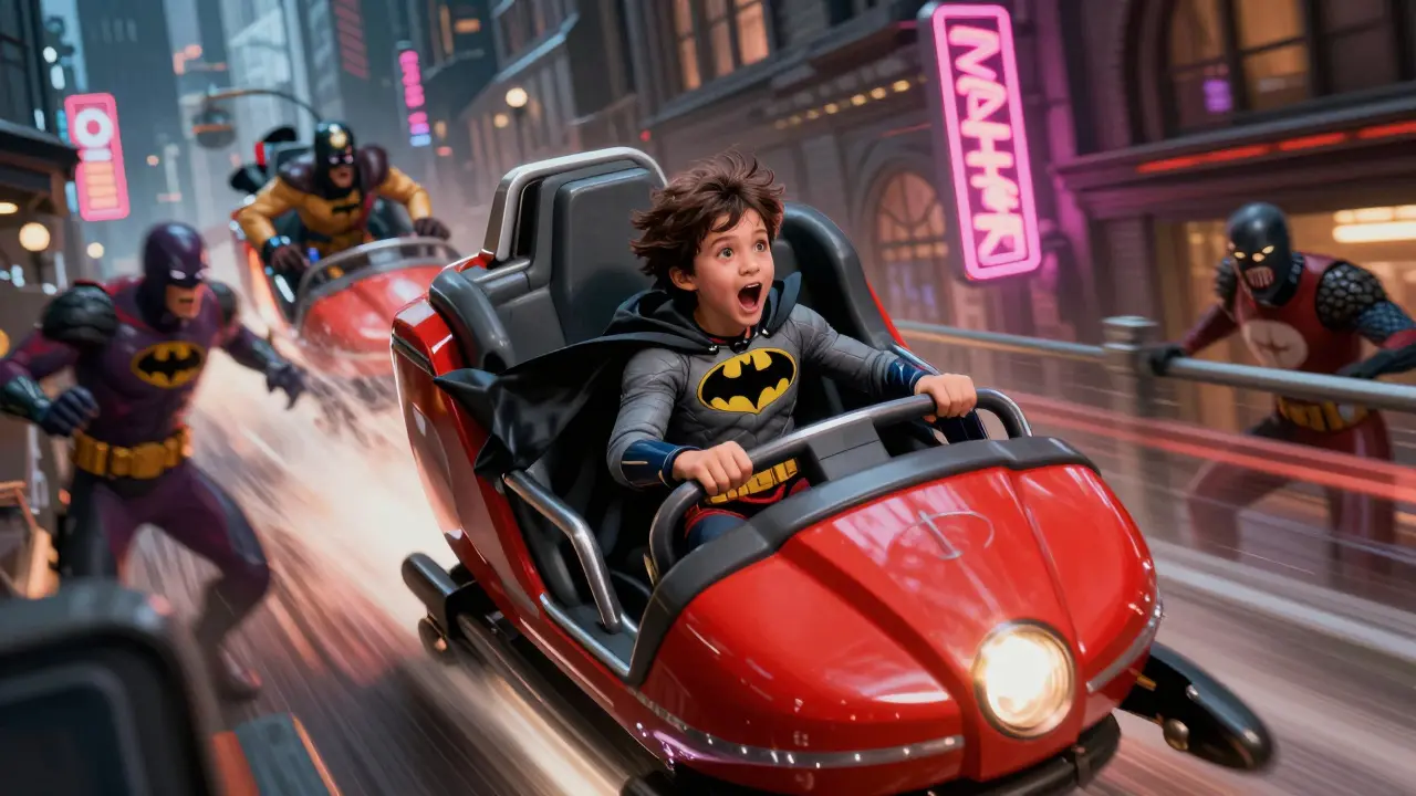 Niño de 10 años disfrutando de una atracción de DC con efectos cinematográficos y capa de Batman, en medio de una escena de Gotham.
