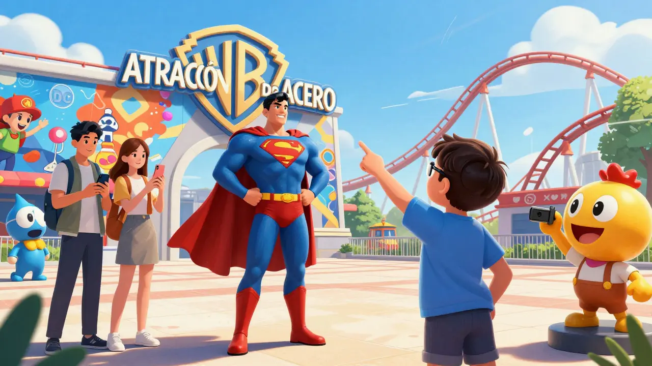 Niño emocionado apuntando a la atracción Superman en Warner Bros. Park Madrid con personajes de DC alrededor.