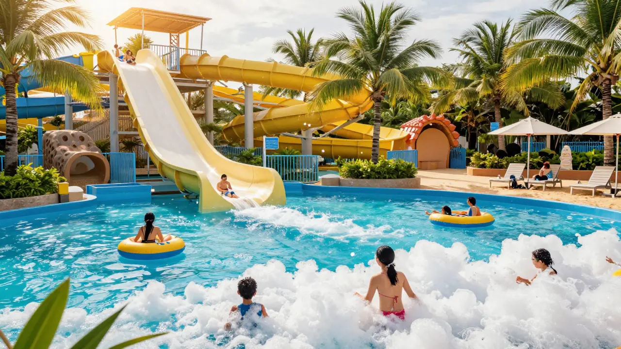 Parque acuático Caribe Aquatic con visitantes deslizándose por un tobogán de 28 metros hacia una piscina azul turquesa, niños jugando en piscinas de burbujas y adultos relajados bajo sombrillas.
