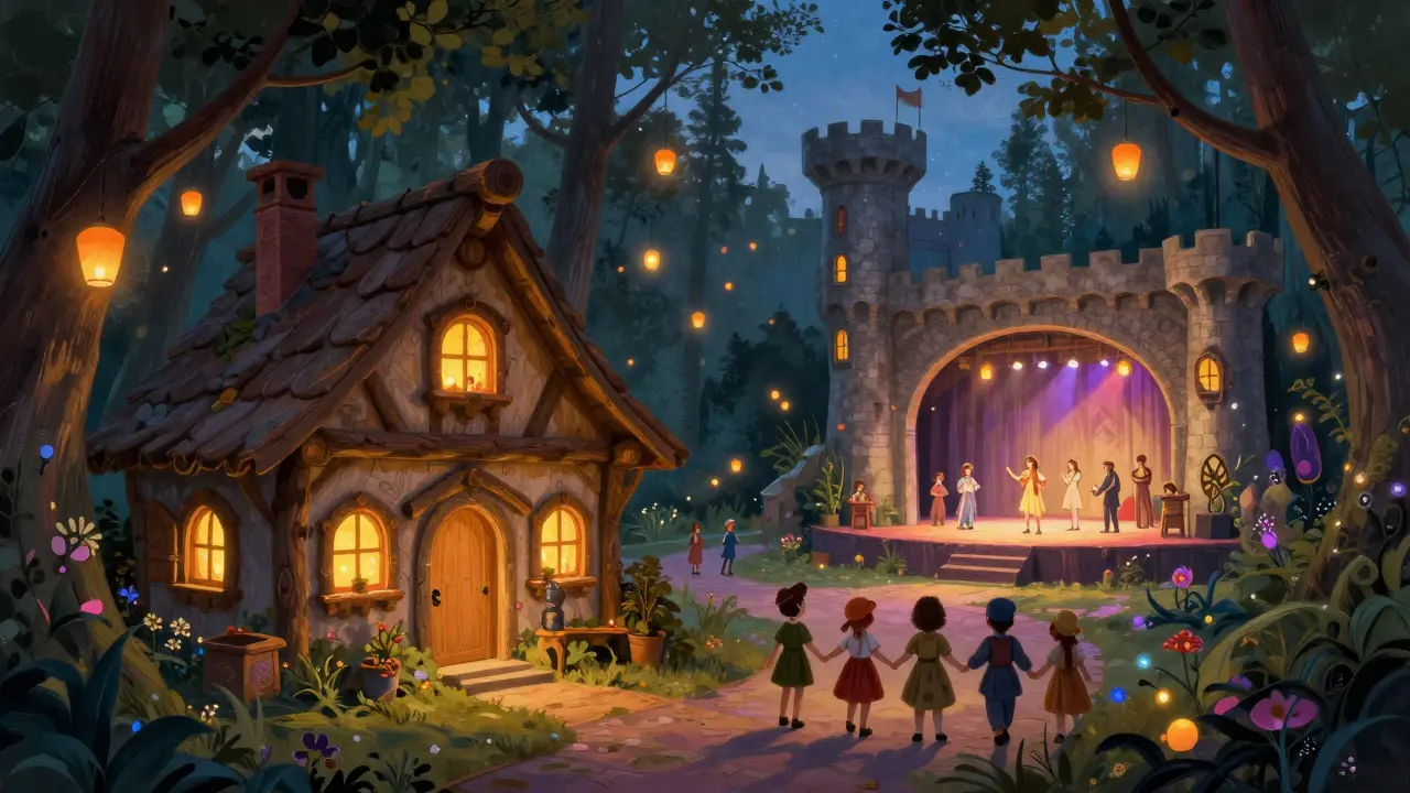 Parque de la Imaginación en Bilbao con una casa de Hansel y Gretel iluminada, un bosque encantado con linternas flotantes y un castillo donde se representa una obra de teatro interactiva.