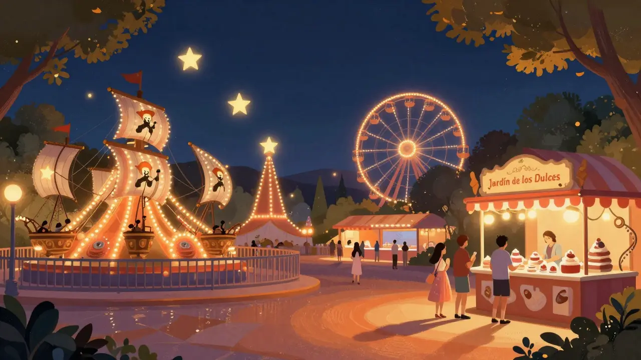 Parque iluminado por luces LED nocturnas con tema pirata, montañas rusas brillantes y visitantes disfrutando bajo el cielo estrellado.