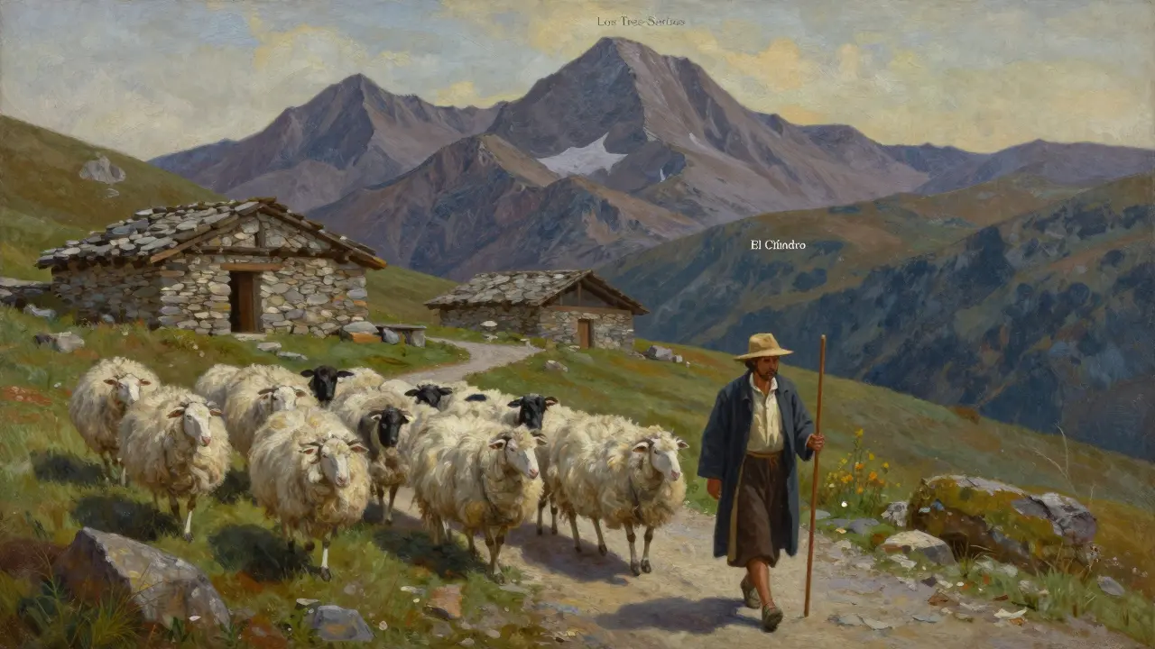 Pastores vascos guiando ovejas por un sendero ancestral entre picos pirineicos tradicionales.
