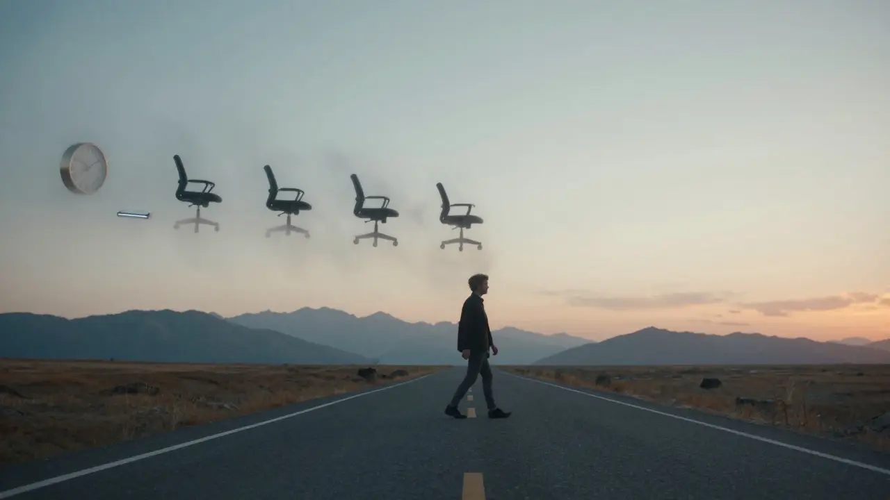 Persona caminando mientras su vida cotidiana se disuelve en la niebla, reemplazada por paisajes naturales.