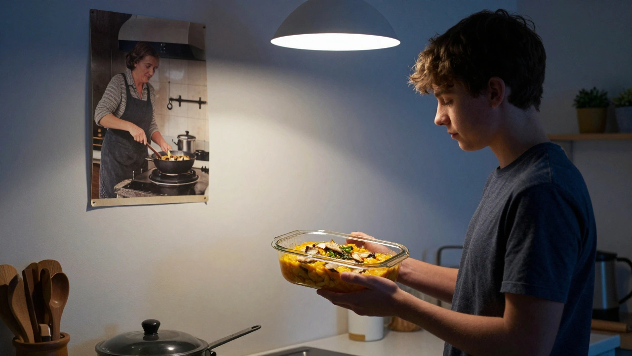 Plato de bacalao al pil-pil en casa, junto a una foto de una abuela cocinando, simbolizando la herencia culinaria vasca.