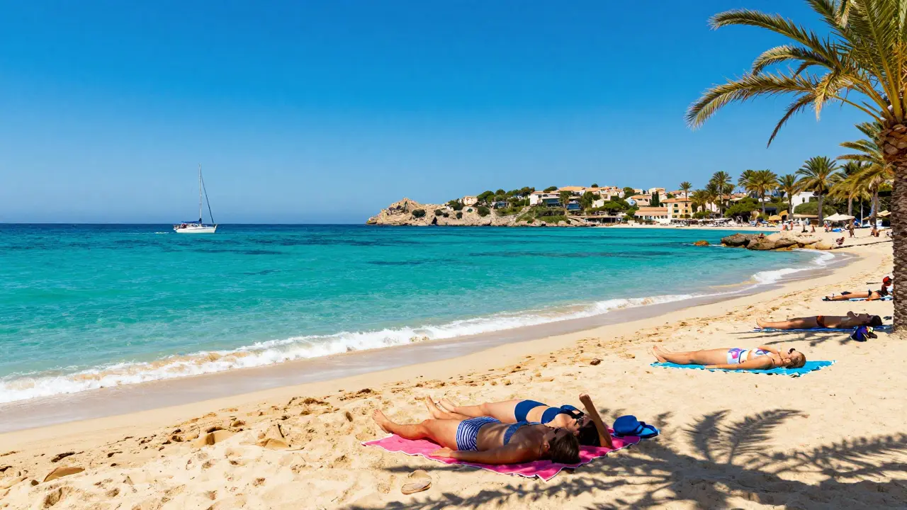Playa soleada en Mallorca con agua turquesa y cielo despejado en pleno verano.